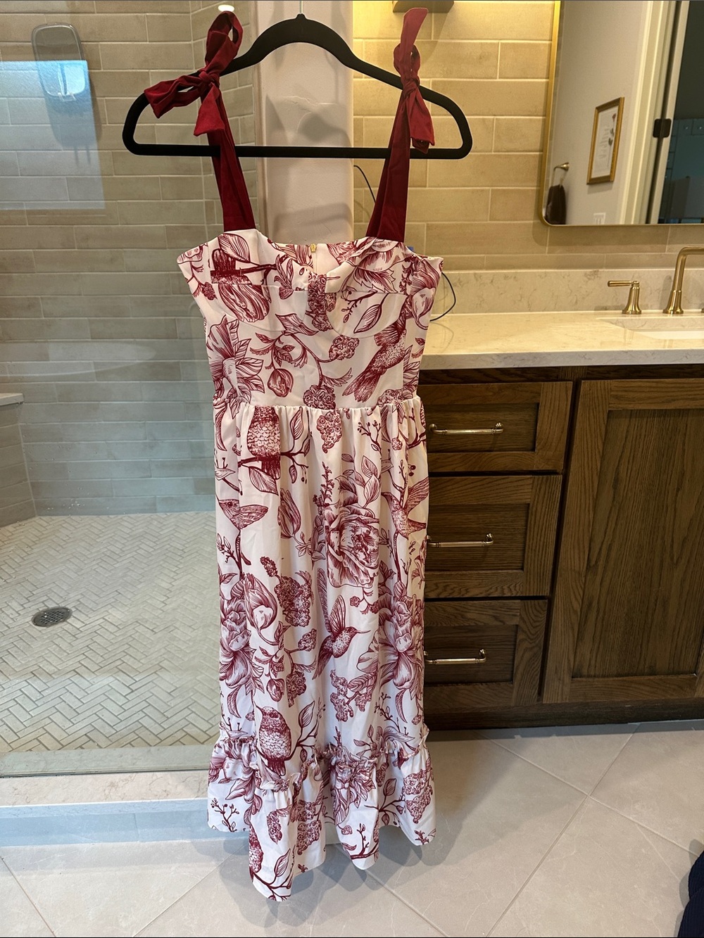 White and Burgundy Floral Tie-Shoulder Dress